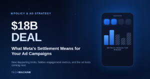 Meta $18B settlement graphic showing smartphone with hidden engagement metrics for minors